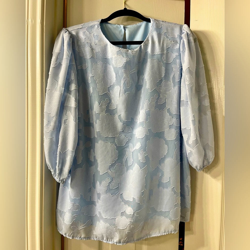 Women Elegant Blue Floral Textured Blouse Round Neck Half Sleeves